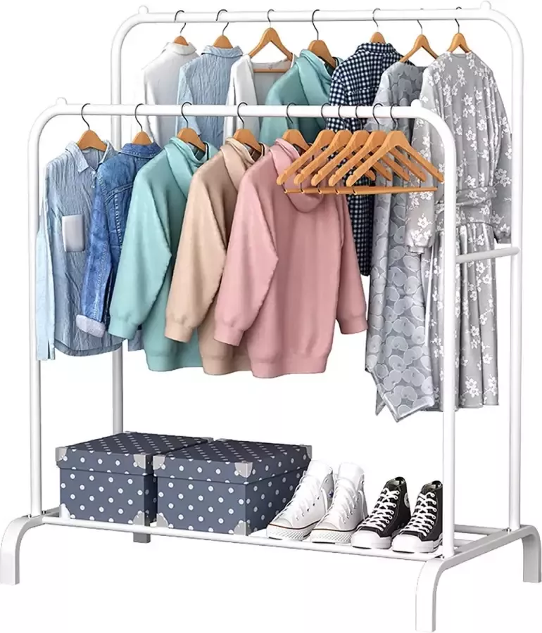 ACCSTORE Kledingrek metalen kledingrek vrijstaande hanger dubbelpolige slaapkamer kledingrek met onderste opbergplank voor dozen schoenen wit