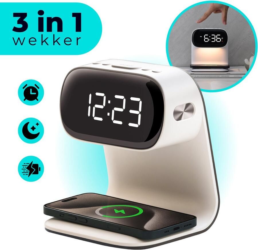 Accurly Digitale Wekker met Nachtlamp & Snellader – 3-in-1 Draadloze Oplader – Wekker met Dimbaar LED Display – Geschikt voor Bureau & Slaapkamer