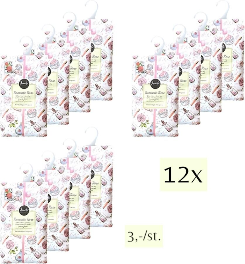 Acorde Geurzakjes 12x 'Romantic Rose' Inclusief verzenden 17x10 cm Geurzakje Geurbuiltjes Geurbuiltje Geurverfrisser Luchtverfrisser Huisparfum Verfrisser Parfum Frisse geur Hanger Kledingkast Kleding Kast Toilet Wc Auto