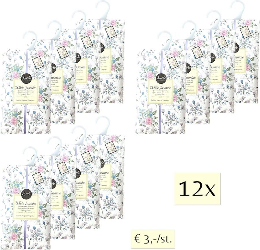 Acorde Geurzakjes 12x 'White Jasmine' Inclusief verzenden 17x10 cm Geurzakje Geurbuiltjes Geurbuiltje Geurverfrisser Luchtverfrisser Huisparfum Verfrisser Parfum Frisse geur Hanger Kledingkast Kleding Kast Toilet Wc Auto