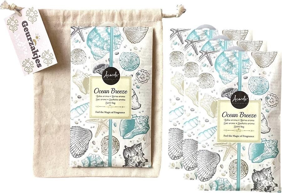 Acorde Geurzakjes 4x 'Ocean Breeze' + 1x Bewaartasje van katoen Inclusief verzenden Geurzakje Geurbuiltjes Geurbuiltje Geurverfrisser Luchtverfrisser Huisparfum Verfrisser Parfum Frisse geur Hanger Kledingkast Kleding Kast