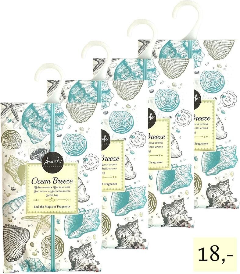 Acorde Geurzakjes 4x 'Ocean Breeze' Inclusief verzenden 17x10 cm Geurzakje Geurbuiltjes Geurbuiltje Geurverfrisser Luchtverfrisser Huisparfum Verfrisser Parfum Frisse geur Hanger Kledingkast Kleding Kast Toilet Wc Auto