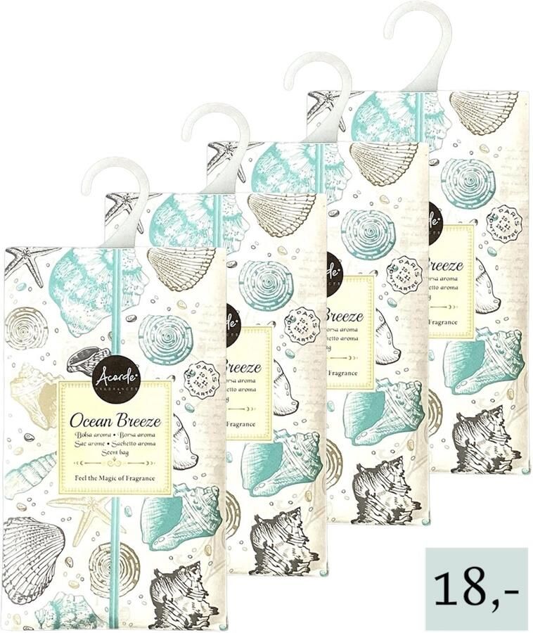 Acorde Geurzakjes 4x 'Ocean Breeze' Inclusief verzenden 17x10 cm Geurzakje Geurbuiltjes Geurbuiltje Geurverfrisser Luchtverfrisser Huisparfum Verfrisser Parfum Frisse geur Hanger Kledingkast Kleding Kast Toilet Wc Auto