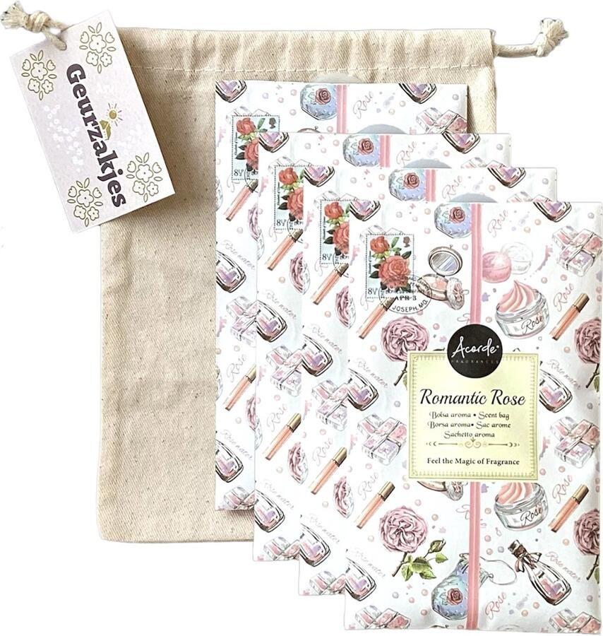 Acorde Geurzakjes 4x 'Romantic Rose' + 1x Bewaartasje van katoen Inclusief verzenden Geurzakje Geurbuiltjes Geurbuiltje Geurverfrisser Luchtverfrisser Huisparfum Verfrisser Parfum Frisse geur Hanger Kledingkast Kleding Kast