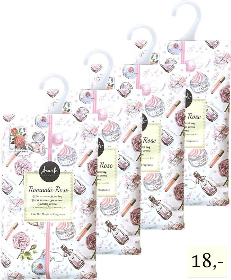 Acorde Geurzakjes 4x 'Romantic Rose' Inclusief verzenden 17x10 cm Geurzakje Geurbuiltjes Geurbuiltje Geurverfrisser Luchtverfrisser Huisparfum Verfrisser Parfum Frisse geur Hanger Kledingkast Kleding Kast Toilet Wc Auto
