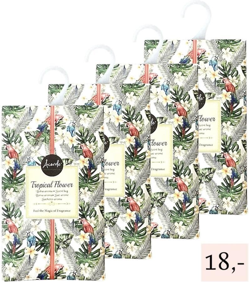 Acorde Geurzakjes 4x 'Tropical Flower' Inclusief verzenden 17x10 cm Geurzakje Geurbuiltjes Geurbuiltje Geurverfrisser Luchtverfrisser Huisparfum Verfrisser Parfum Frisse geur Hanger Kledingkast Kleding Kast Toilet Wc Auto