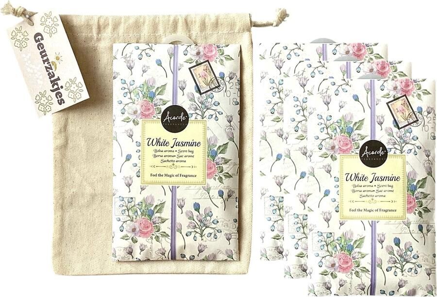 Acorde Geurzakjes 4x 'White Jasmine' + 1x Bewaartasje van katoen Inclusief verzenden Geurzakje Geurbuiltjes Geurbuiltje Geurverfrisser Luchtverfrisser Huisparfum Verfrisser Parfum Frisse geur Hanger Kledingkast Kleding Kast
