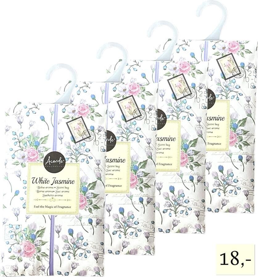 Acorde Geurzakjes 4x 'White Jasmine' Inclusief verzenden 17x10 cm Geurzakje Geurbuiltjes Geurbuiltje Geurverfrisser Luchtverfrisser Huisparfum Verfrisser Parfum Frisse geur Hanger Kledingkast Kleding Kast Toilet Wc Auto