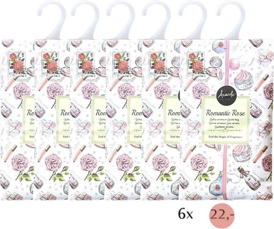 Acorde Geurzakjes 6x 'Romantic Rose' Inclusief verzenden 17x10 cm Geurzakje Geurbuiltjes Geurbuiltje Geurverfrisser Luchtverfrisser Huisparfum Verfrisser Parfum Frisse geur Hanger Kledingkast Kleding Kast Toilet Wc Auto