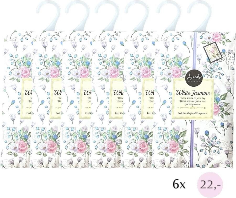 Acorde Geurzakjes 6x 'White Jasmine' Inclusief verzenden 17x10 cm Geurzakje Geurbuiltjes Geurbuiltje Geurverfrisser Luchtverfrisser Huisparfum Verfrisser Parfum Frisse geur Hanger Kledingkast Kleding Kast Toilet Wc Auto