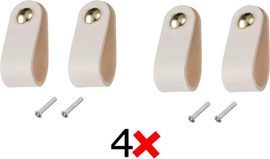 Actie4you Leren Handgrepen – Meubelgreep – Handvaten Kast – Keukengreep – Ladegreep – Leren Lus – Incl. sierschroeven Set van 4 – Buffel Leer – Wit