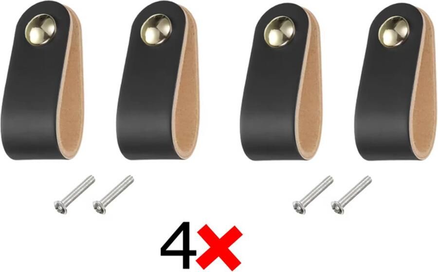 Actie4you Leren Handgrepen – Meubelgreep – Handvaten Kast – Keukengreep – Ladegreep – Leren Lus – Incl. Schroeven Set van 4 – Buffel Leer – Zwart