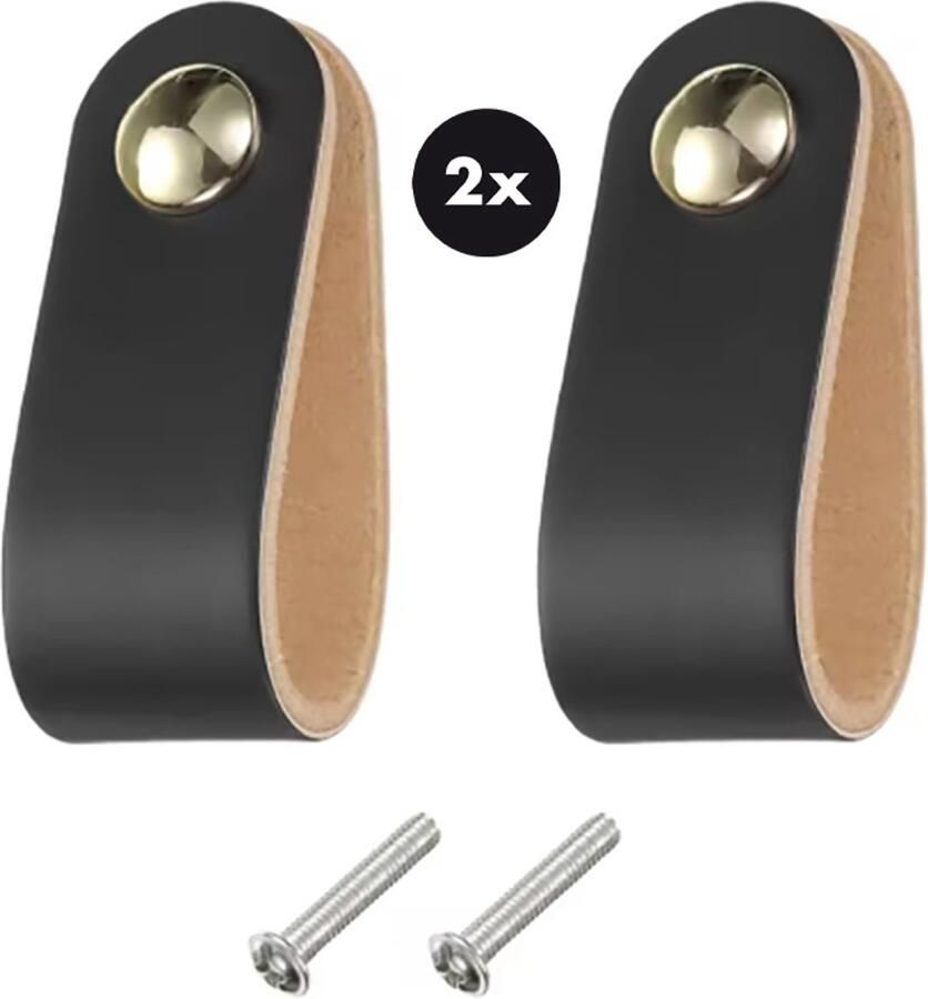 Actie4you Leren Handgrepen – Meubelgreep – Handvaten Kast – Keukengreep – Ladegreep – Leren Lus – Incl. Schroeven Set van 2 – Buffel Leer – Zwart