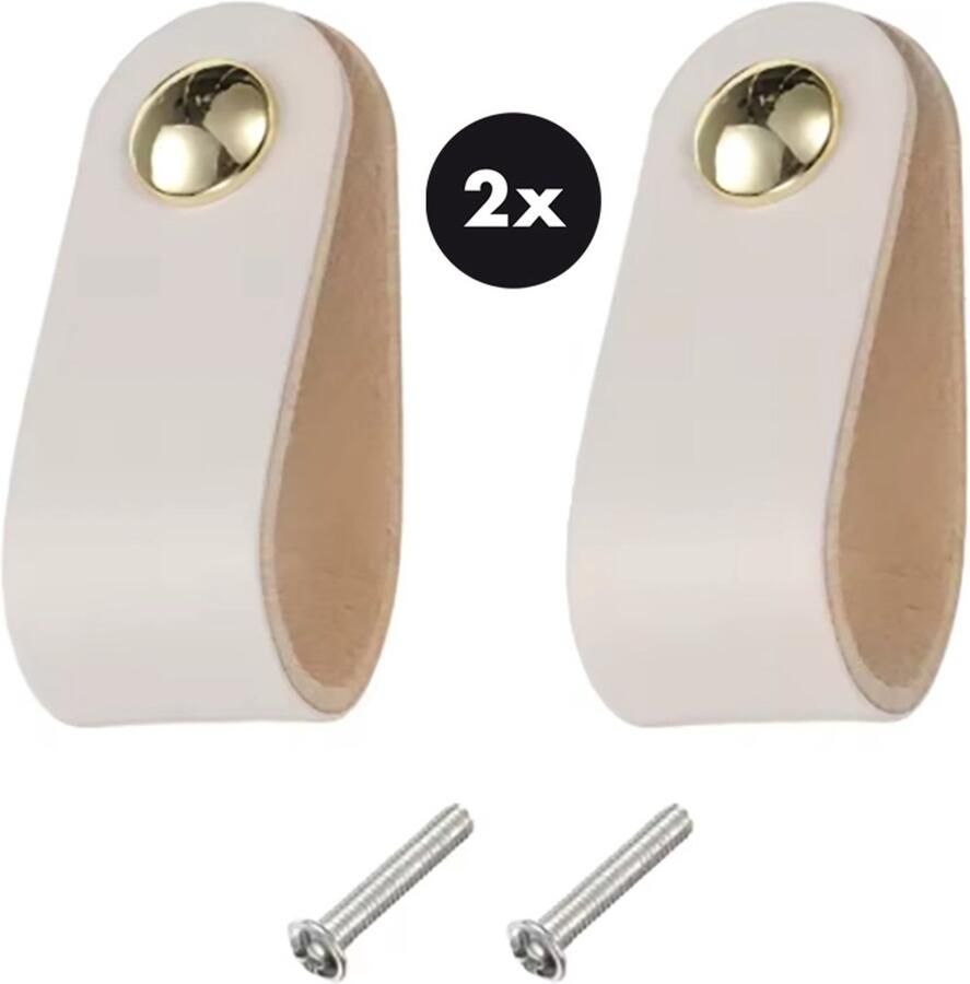Actie4you Leren Handgrepen – Meubelgreep – Handvaten Kast – Keukengreep – Ladegreep – Leren Lus – Incl. sierschroeven Set van 2 – Buffel Leer – Wit
