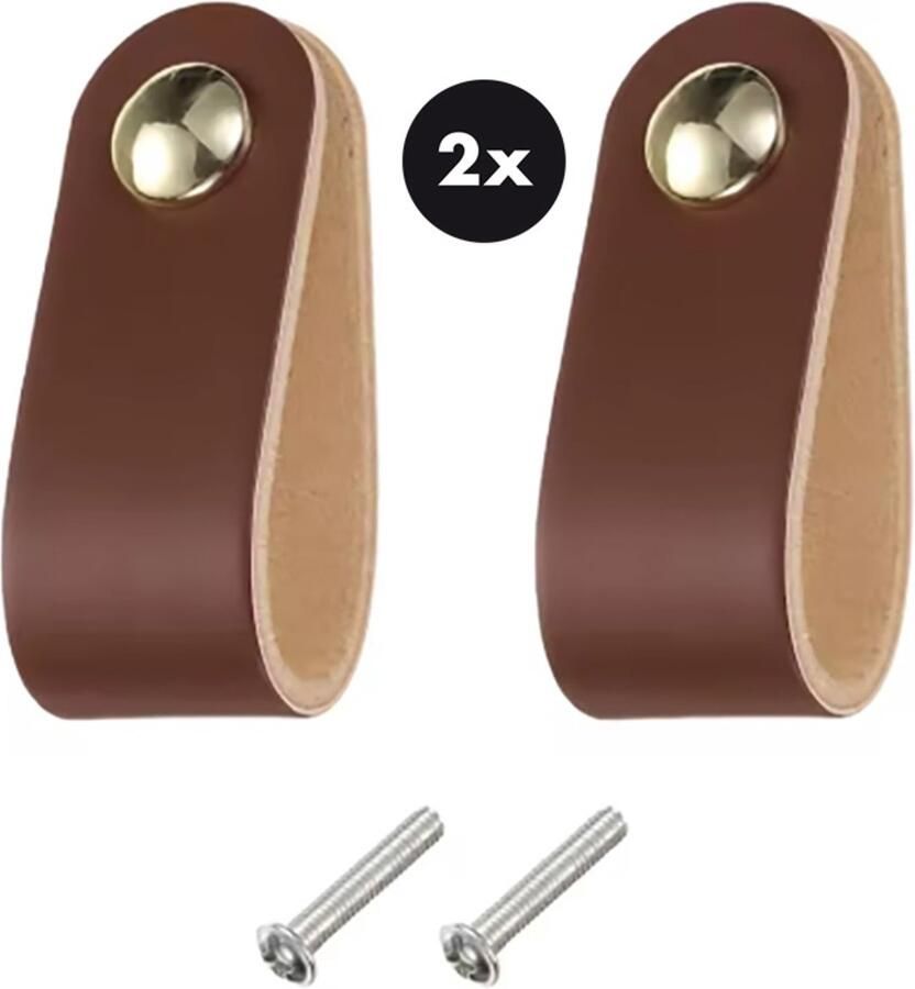 Actie4you Leren Handgrepen – Meubelgreep – Handvaten Kast – Keukengreep – Ladegreep – Leren Lus – Incl. sierschroeven Set van 2 – Buffel Leer – Donker Bruin