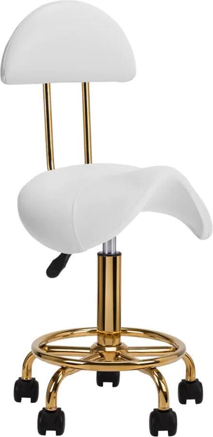 Activeshop Ergonomische Cosmetische Zadelkruk – Met Rugleuning – Verstelbaar 49–62 cm – Wit Ecoleer – Gouden Onderstel – Kapperskruk Werkstoel