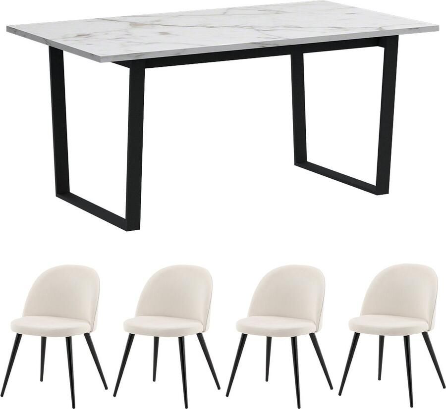 Actona Tilst eethoek eettafel wit marmer print en 4 stoelen fluweel beige