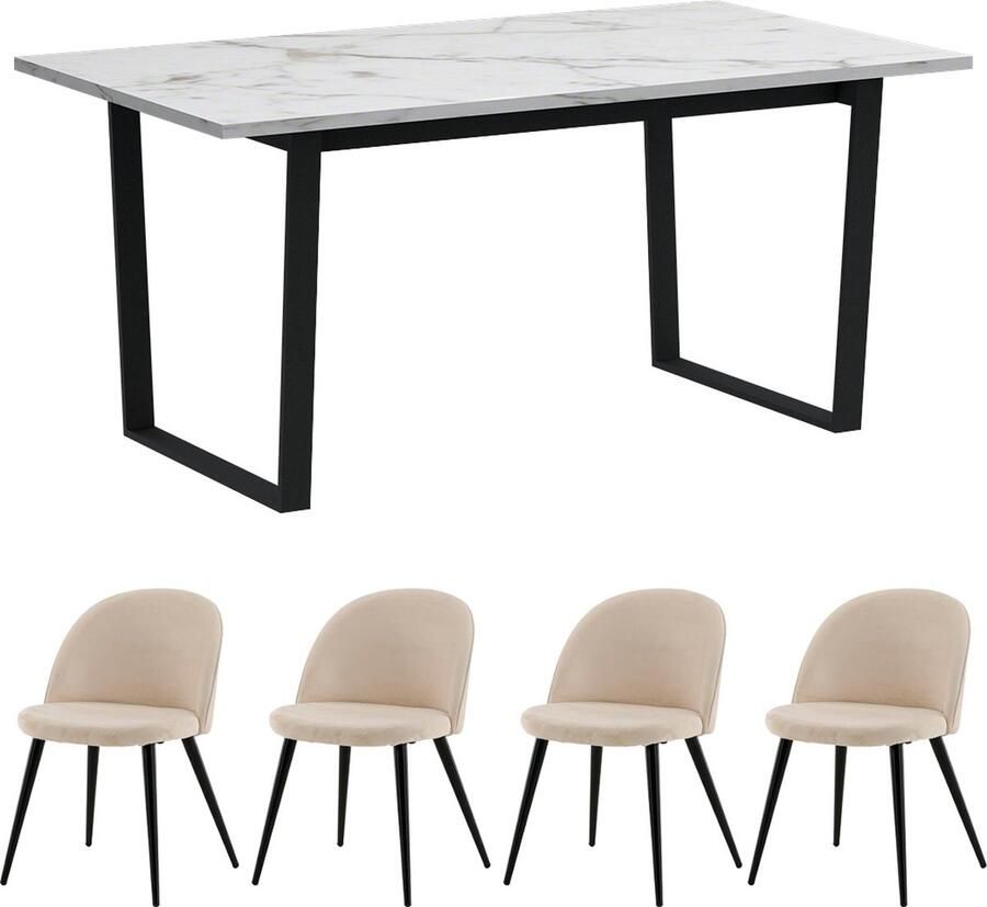 Actona Tilst eethoek eettafel wit marmerprint 90x160 4 stoelen velours beige