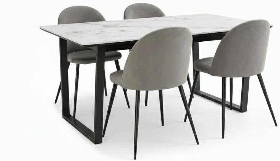 Actona Tilst eethoek eettafel wit marmerprint 90x160 4 stoelen velours grijs