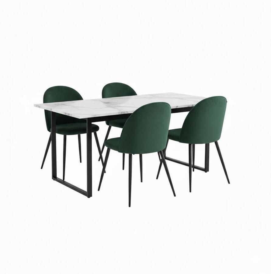 Actona Tilst eethoek eettafel wit marmerprint 90x160 4 stoelen velours groen
