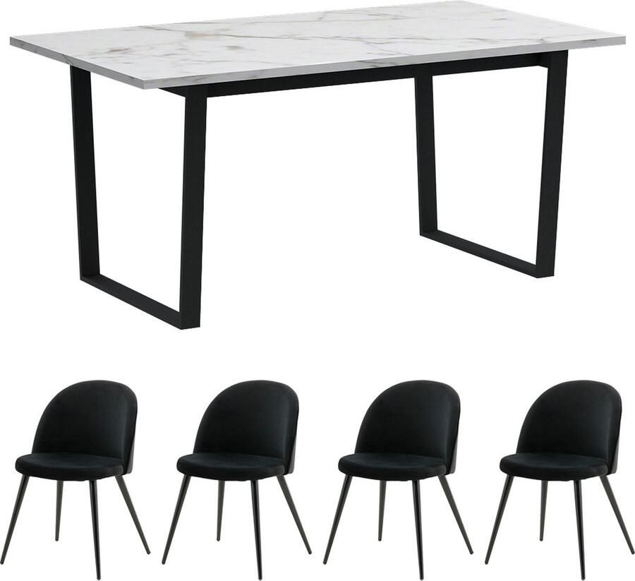 Actona Tilst eethoek eettafel wit marmerprint 90x160 4 stoelen velours zwart