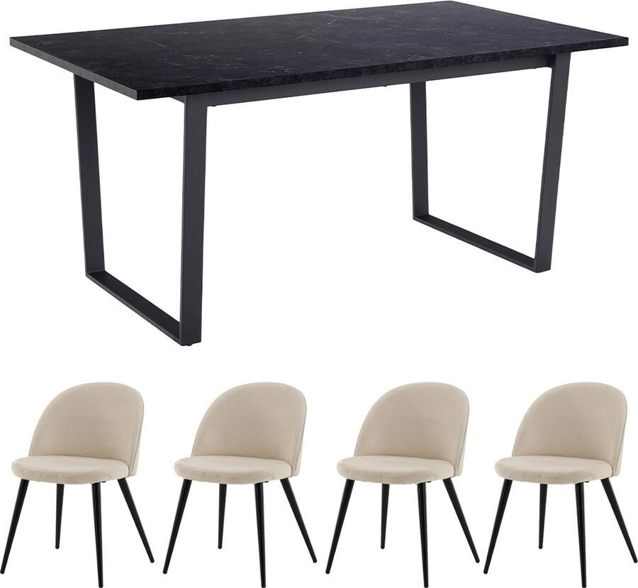 Actona Tilst eethoek eettafel zwarte marmerprint 90x160 4 stoelen velours beige