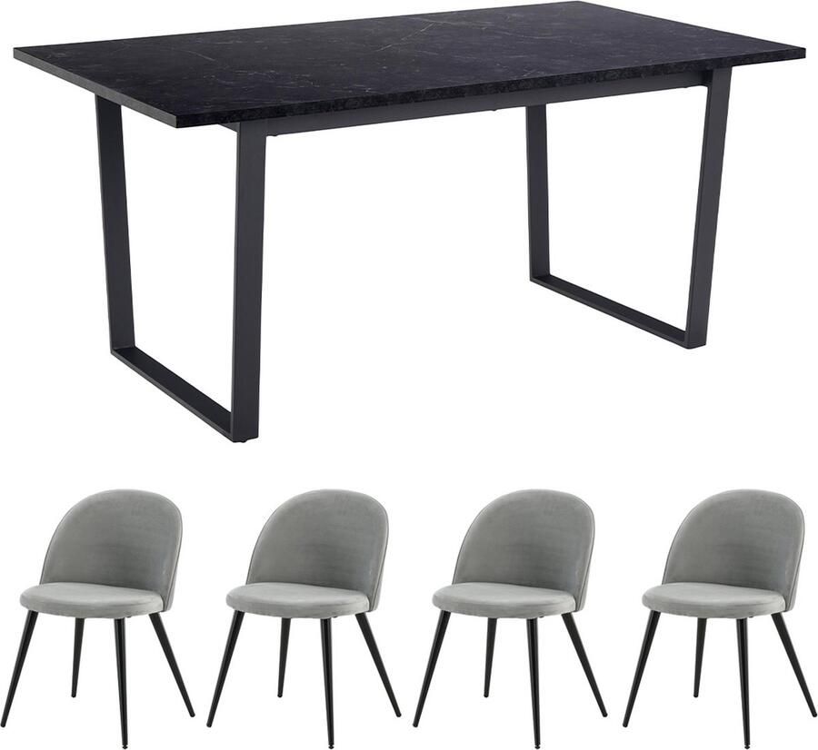 Actona Tilst eethoek eettafel zwarte marmerprint 90x160 4 stoelen velours grijs