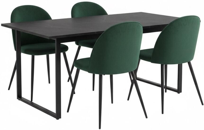 Actona Tilst eethoek eettafel zwarte marmerprint 90x160 4 stoelen velours groen