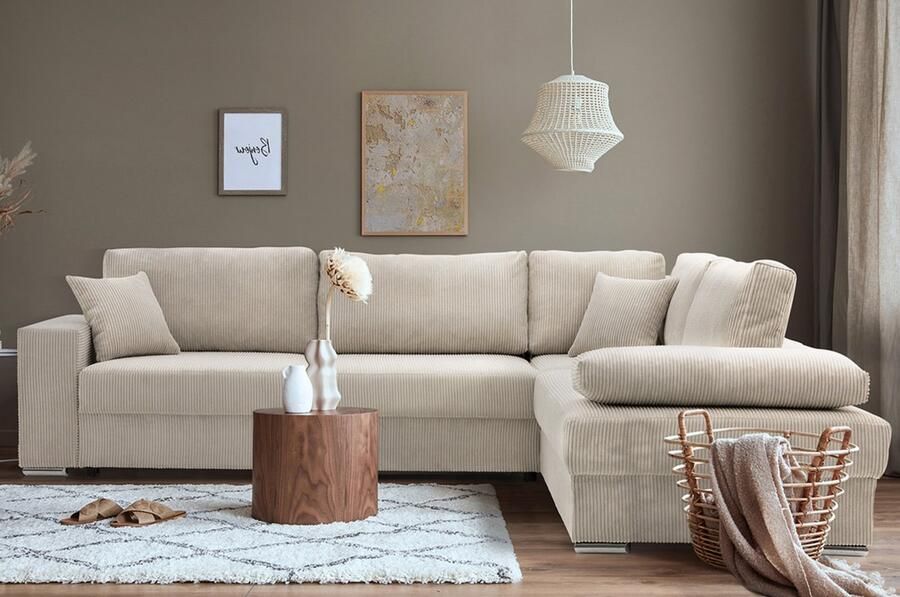 Adams Group Hoekbank FESTINA Stof Beige Corduroy- Slaapbank met opbergruimte Links Direct Leverbaar – 287cm 231cm Afmetingen bed: 240x140cm