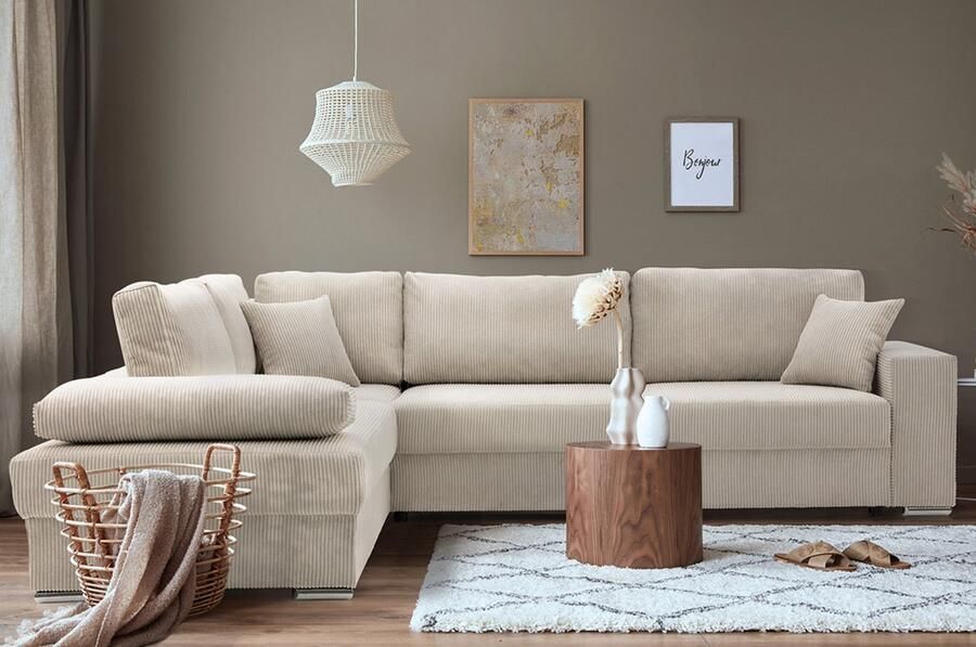 Adams Group Hoekbank FESTINA Stof Beige Corduroy- Slaapbank met opbergruimte Rechts Direct Leverbaar – 287cm 231cm Afmetingen bed: 240x140cm