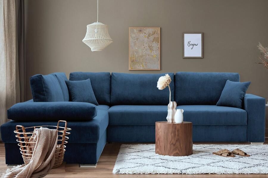 Adams Group Hoekbank FESTINA Stof Blauw Corduroy- Slaapbank met opbergruimte Links Direct Leverbaar – 287cm 231cm Afmetingen bed: 240x140cm