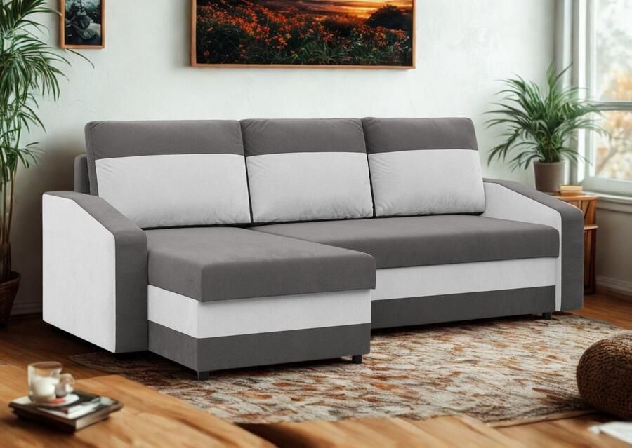 Adams Group Hoekbank met opbergruimte ORION Grijs-Zwart- Slaapbank Universeel Links of Rechts Hoekzetel Zetel met slaapgedeelte -twee kussens gratis 31cm 33cm