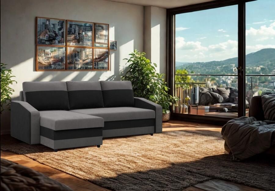 Adams Group Hoekbank met opbergruimte ORION Grijs-Zwart- Slaapbank Universeel Links of Rechts Hoekzetel Zetel met slaapgedeelte -twee kussens gratis 31cm 33cm - Foto 2