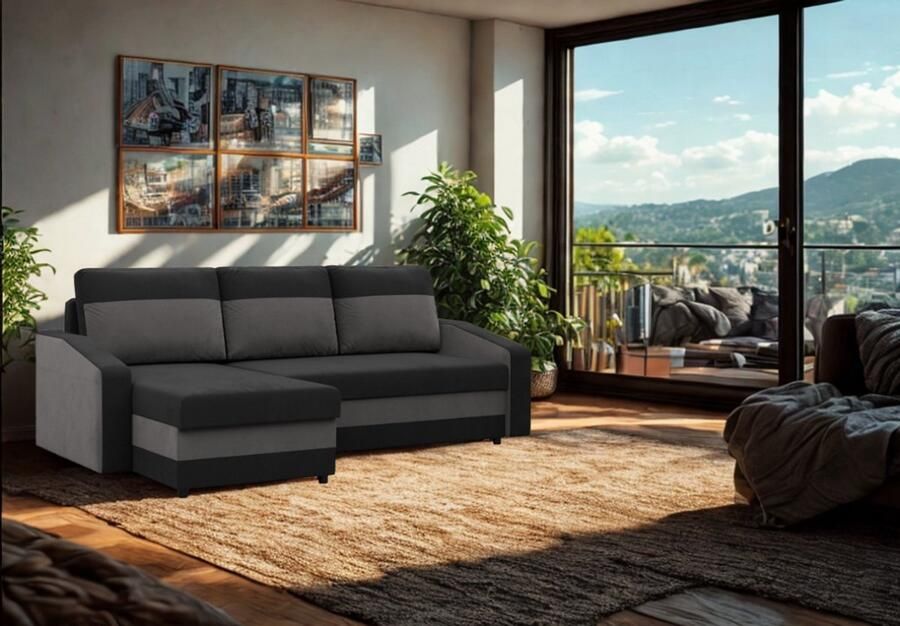 Adams Group Hoekbank met opbergruimte ORION Zwart-Grijs- Slaapbank Universeel Links of Rechts Hoekzetel Zetel met slaapgedeelte -twee kussens gratis 31cm 33cm