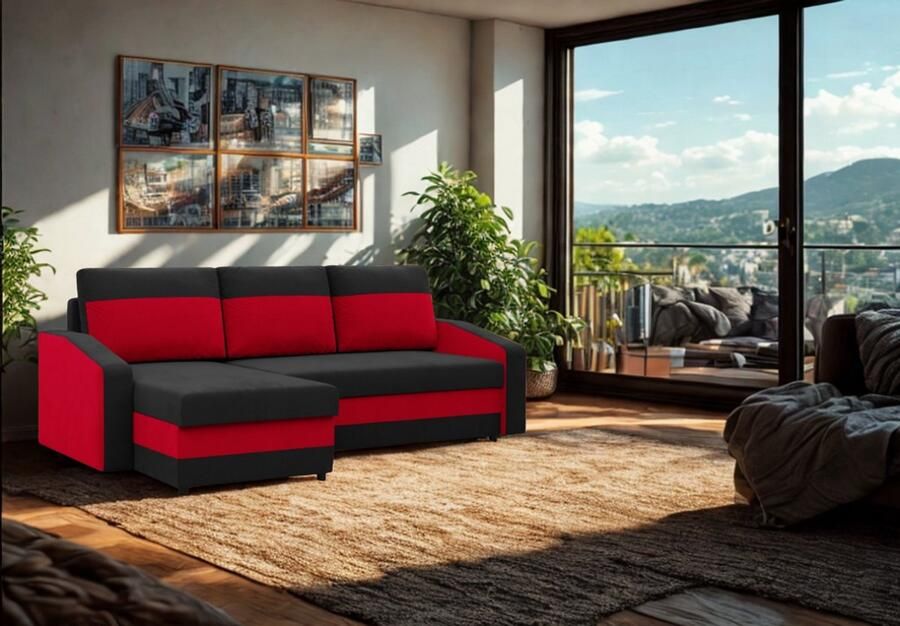 Adams Group Hoekbank met opbergruimte ORION Zwart-Rood Slaapbank Universeel Links of Rechts Hoekzetel Zetel met slaapgedeelte -twee kussens gratis 31cm 33cm