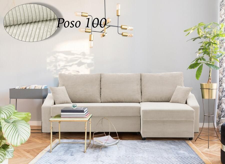 Adams Group Hoekbank NEO Universeel Stof Beige Corduroy- Slaapbank met 2 X opbergruimte Links of Rechts Direct Leverbaar Zetel met slaapgedeelte 3 zits