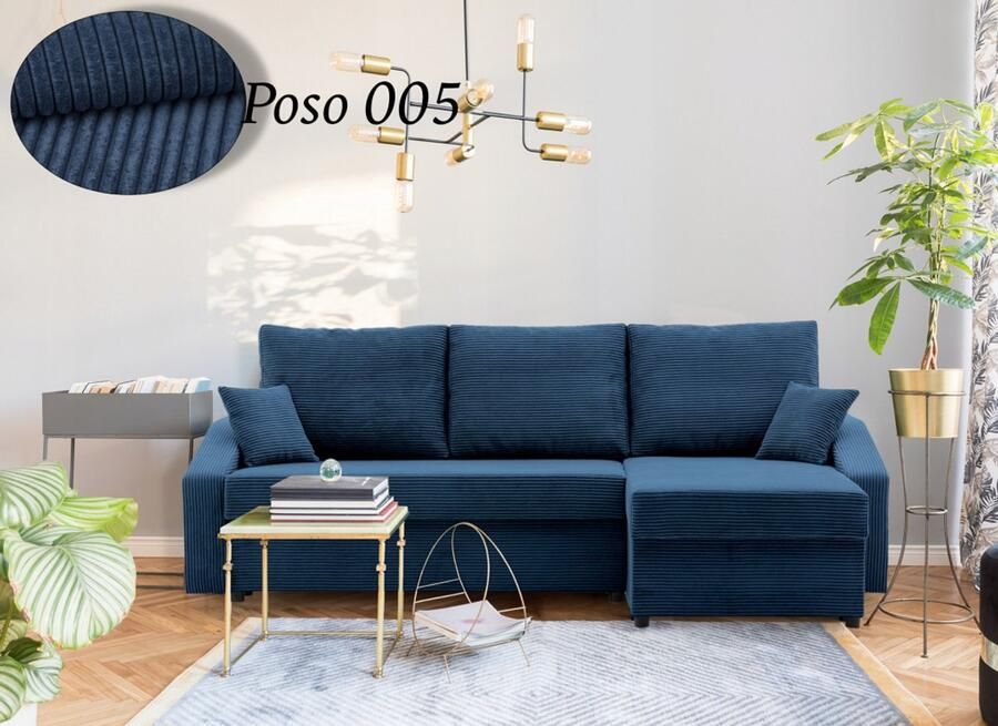 Adams Group Hoekbank NEO Universeel Stof Donkerblauw Corduroy- Slaapbank met 2 X opbergruimte Links of Rechts Direct Leverbaar Zetel met slaapgedeelte 3 zits