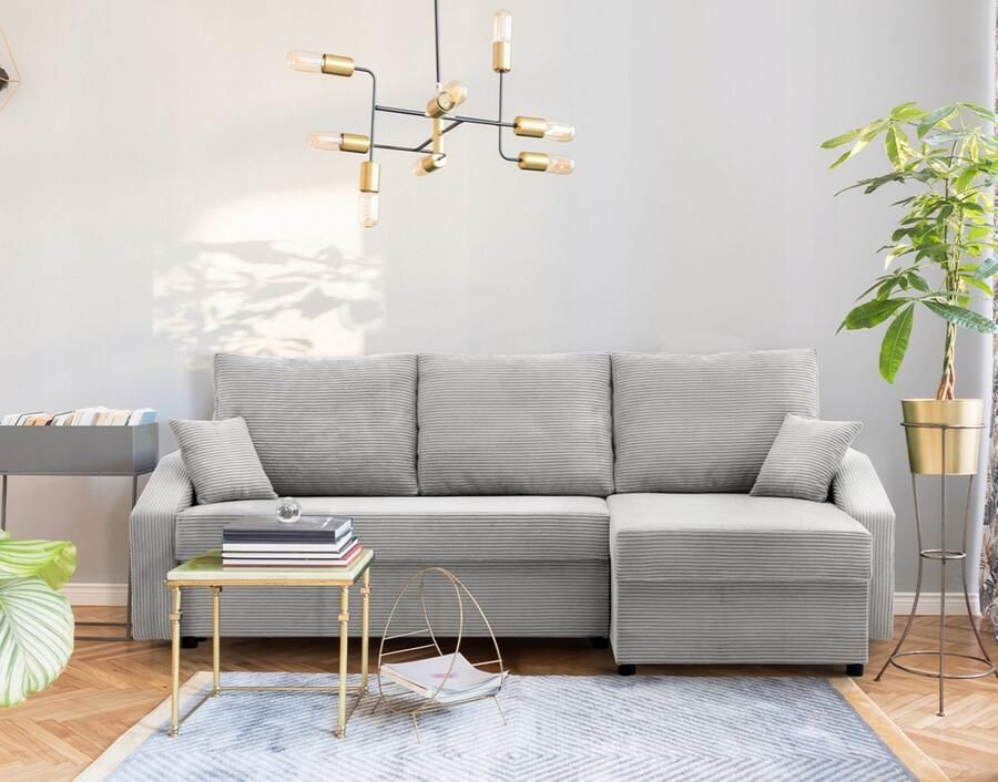 Adams Group Hoekbank NEO Universeel Stof Grijs Corduroy- Slaapbank met 2 X opbergruimte Links of Rechts Direct Leverbaar Zetel met slaapgedeelte 3 zits