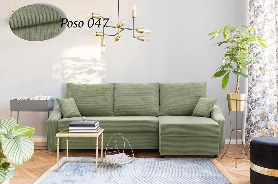 Adams Group Hoekbank NEO Universeel Stof Groen Corduroy- Slaapbank met 2 X opbergruimte Links of Rechts Direct Leverbaar Zetel met slaapgedeelte 3 zits