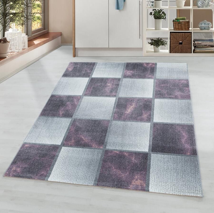 Adana Carpets Laagpolig vloerkleed met ruitpatroon paarse kleur geschikt voor de woonkamer met een jute achterkant afmetingen: 240 x 340 cm