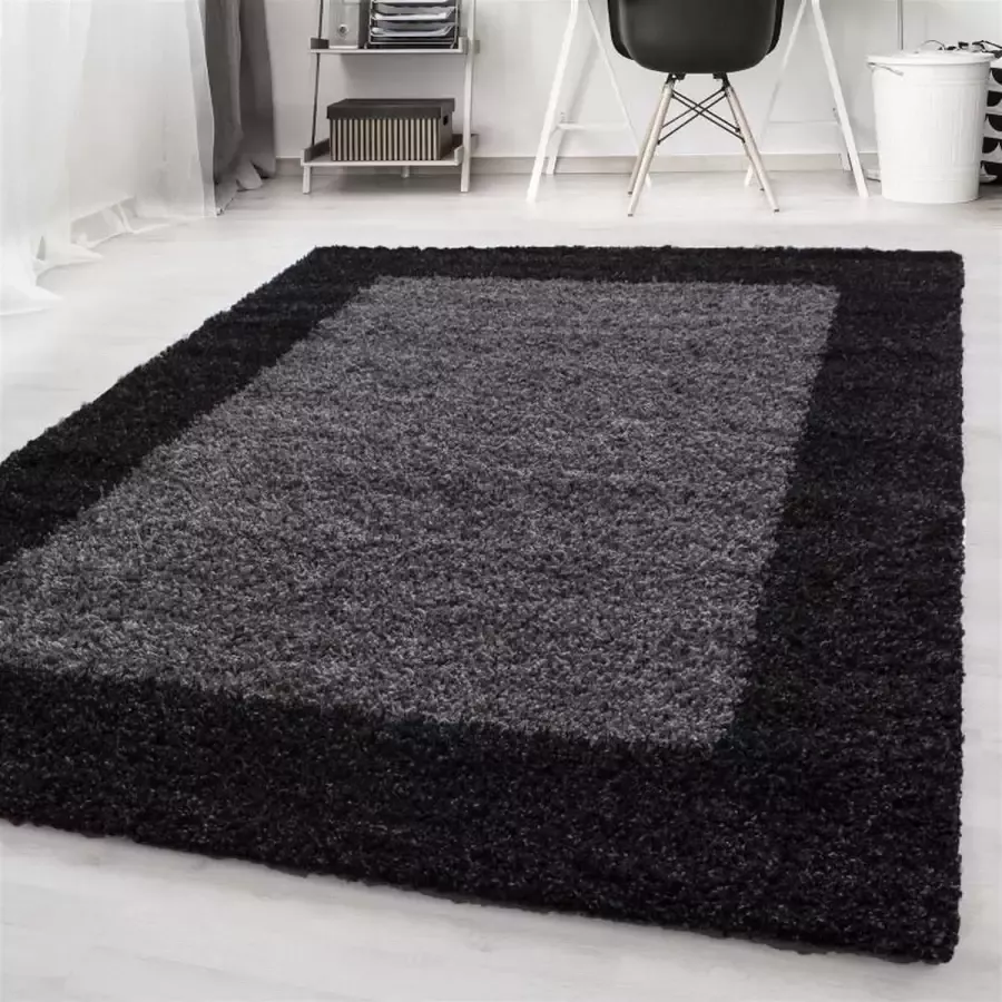 Adana Carpets Hoogpolig vloerkleed antraciet grijs met lijstmotief 200x290cm - Foto 6