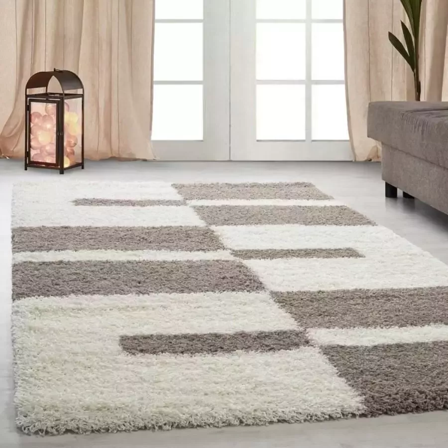 Adana Carpets Hoogpolig vloerkleed met ruitpatroon beige kleur geschikt voor de woonkamer met een jute achterkant afmetingen: 200 cm x 290 cm - Foto 2