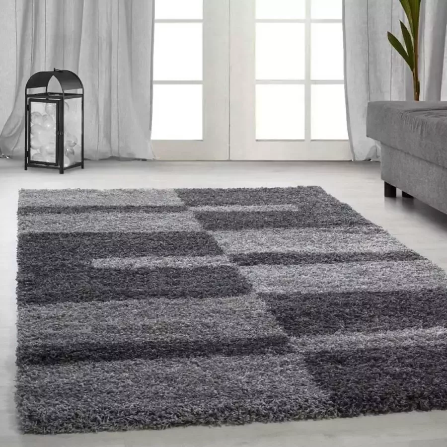 Adana Carpets Hoogpolig vloerkleed met ruitpatroon grijs geschikt voor de woonkamer met een jute achterkant afmetingen: 200 cm x 290 cm