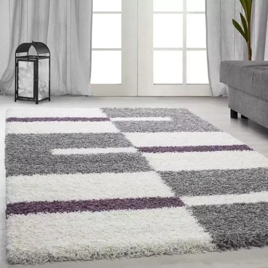 Adana Carpets Hoogpolig vloerkleed met ruitpatroon paarse kleur geschikt voor de woonkamer met een jute achterkant afmetingen: 120 cm x 170 cm - Foto 2