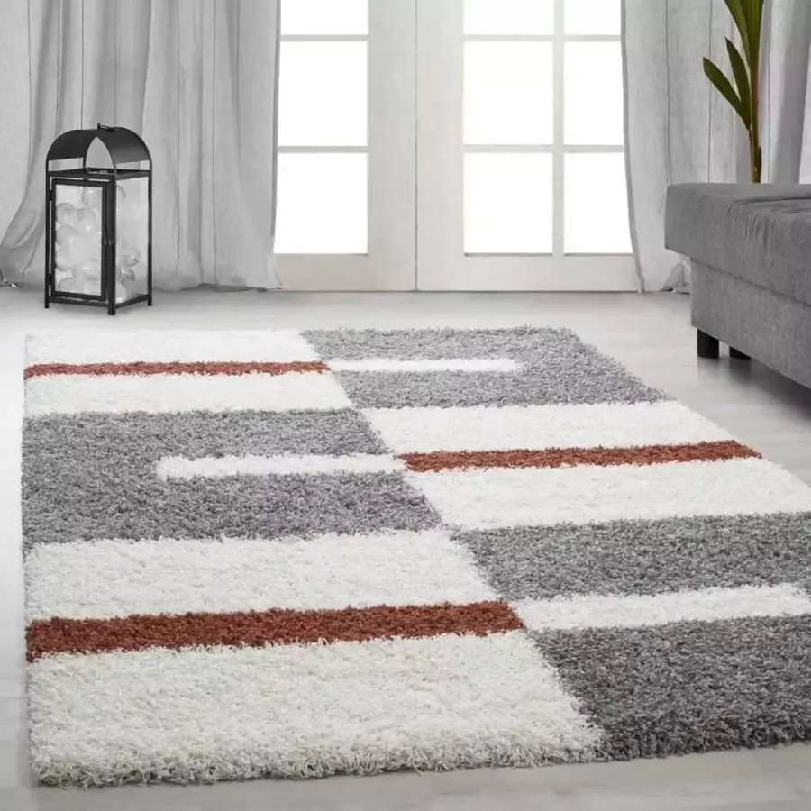 Adana Carpets Hoogpolig vloerkleed met ruitpatroon terracotta kleur geschikt voor de woonkamer met jute achterkant afmetingen: 160 cm x 230 cm - Foto 2
