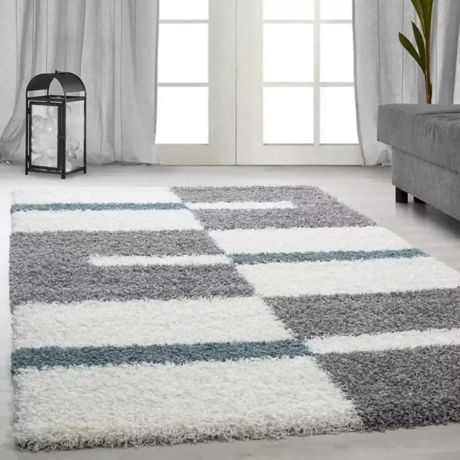 Adana Carpets Hoogpolig vloerkleed met ruitpatroon turquoise kleur geschikt voor de woonkamer met een jute achterkant afmetingen: 120 cm x 170 cm - Foto 2