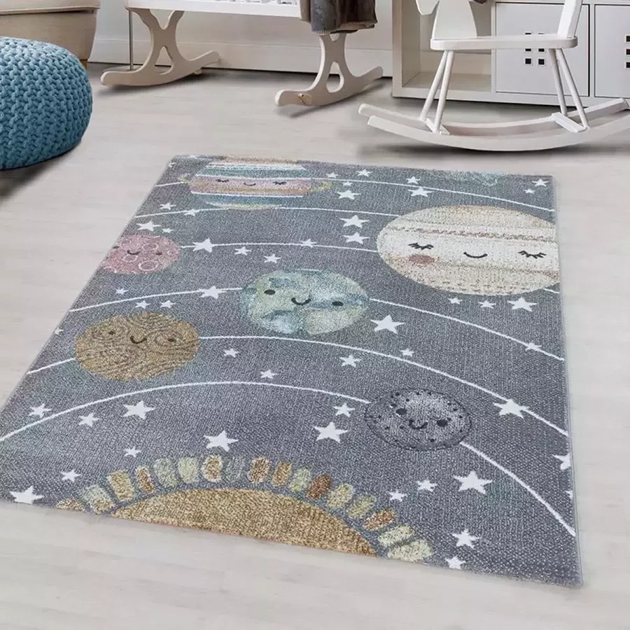 Adana Carpets Kindervloerkleed Fleurtje Planeten Grijs 200x290cm