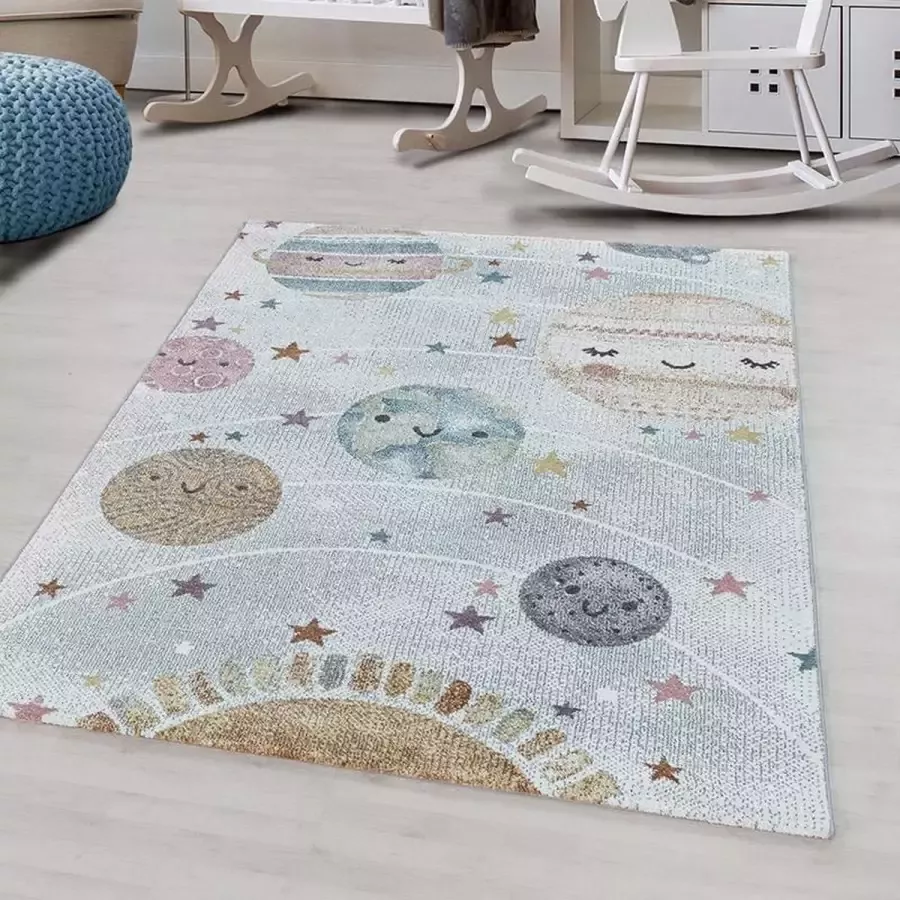 Adana Carpets Kindervloerkleed Fleurtje Planeten Wit 140x200cm