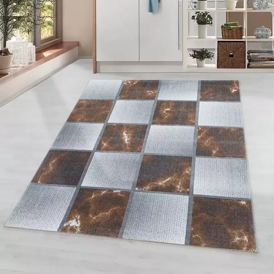 Adana Carpets Laagpolig vloerkleed geruit patroon koperkleur woonkamerkleed jute achterkant afmeting: 160 cm x 230 cm
