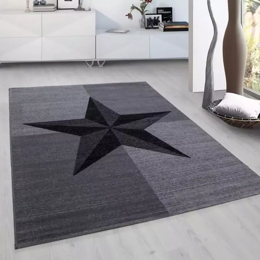 Plus Kortpolig vloerkleed met sterrenmotief grijs geschikt voor de woonkamer met jute achterkant afmetingen: 120 cm x 170 cm